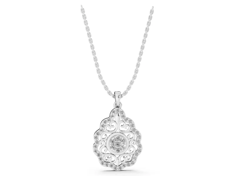 Round Lab-Grown Diamond Vintage Filigree Cluster Pendant Necklace | Pavé Teardrop Frame | White Gold