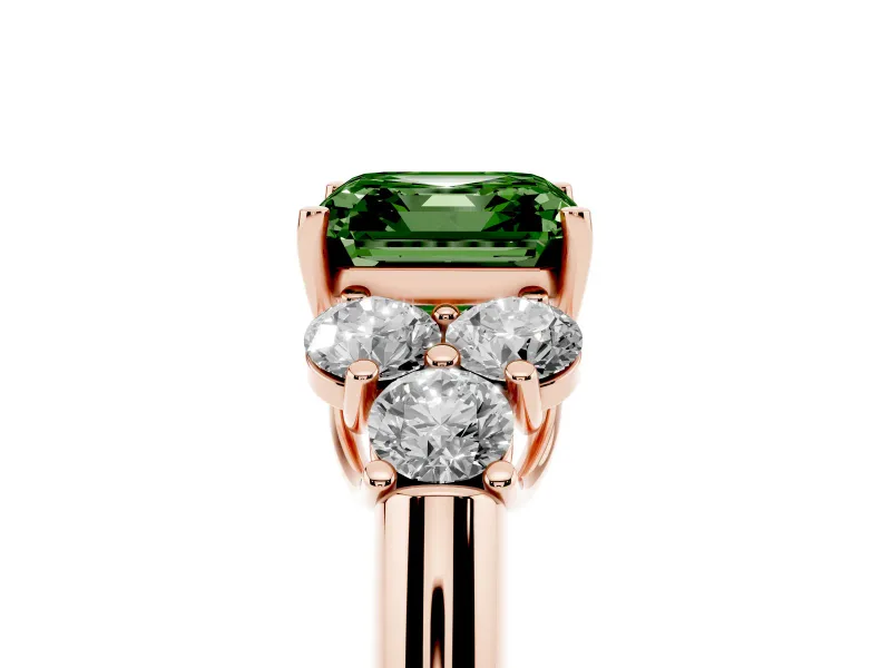 Fancy Green Asscher Cut Diamond Cluster Ring Set in Rose gold with Round Accent Stones and Prong Setting on a Plain Band