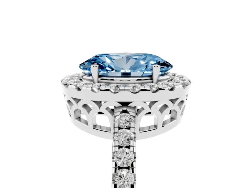 Fancy Blue Oval Cut Diamond Pavé Band Halo Engagement Ring Set in Silver with Prong Setting