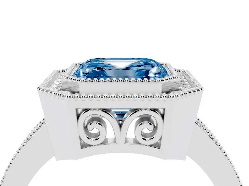 Fancy Blue Asscher Cut Diamond Halo Ring Set in Platinum with Pavé Band and Milgrain-Edged Prongs