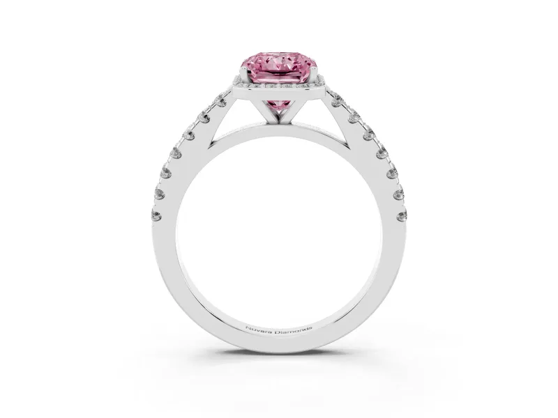 Fancy Pink Radiant Cut Diamond Halo Engagement Ring Set in White gold with Pavé Band and Prong Setting