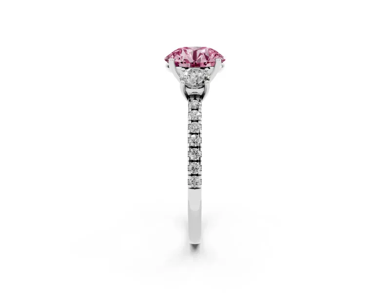 Round Three Stone Engagement Ring Setting for a Fancy Pink Lab-Grown Diamond | Pave Shoulders | White Gold