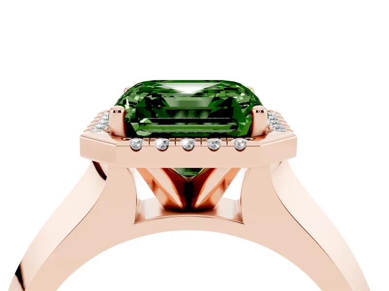 Fancy Green Asscher Cut Diamond Halo Ring Set in Rose gold with Cathedral Band and Prong Setting