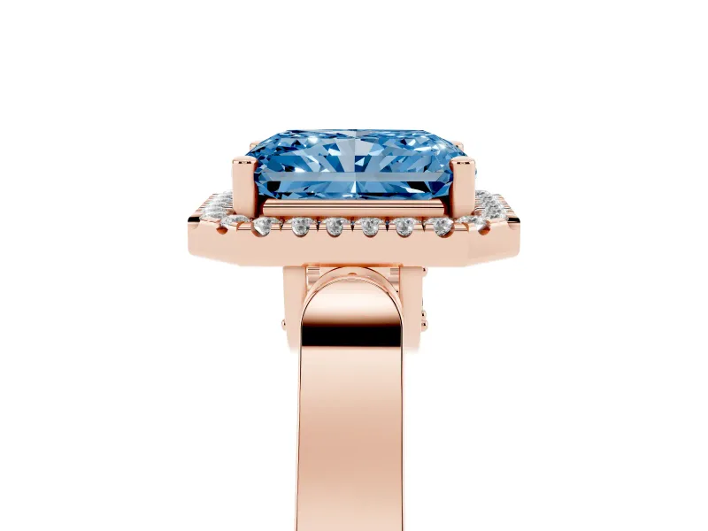 Radiant Cut Halo Engagement Ring Setting for a Fancy Blue Lab-Grown Diamond | Pavé Panel Shoulders | Rose Gold