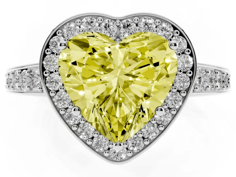 Fancy Yellow Heart Cut Diamond Halo Pavé Engagement Ring Set in White gold with Bezel Setting