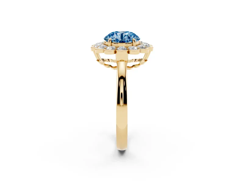 Round Scalloped Cluster Halo Engagement Ring Setting for a Fancy Blue Lab-Grown Diamond | Plain Band | Yellow Gold