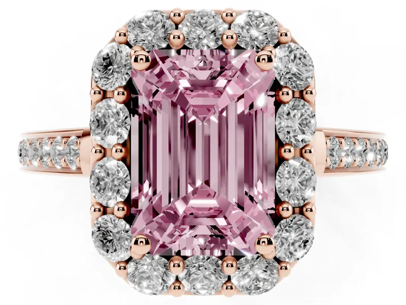 Emerald Cut Floral Halo Engagement Ring Setting for a Fancy Pink Lab-Grown Diamond | Large Round Accents | Rose Gold