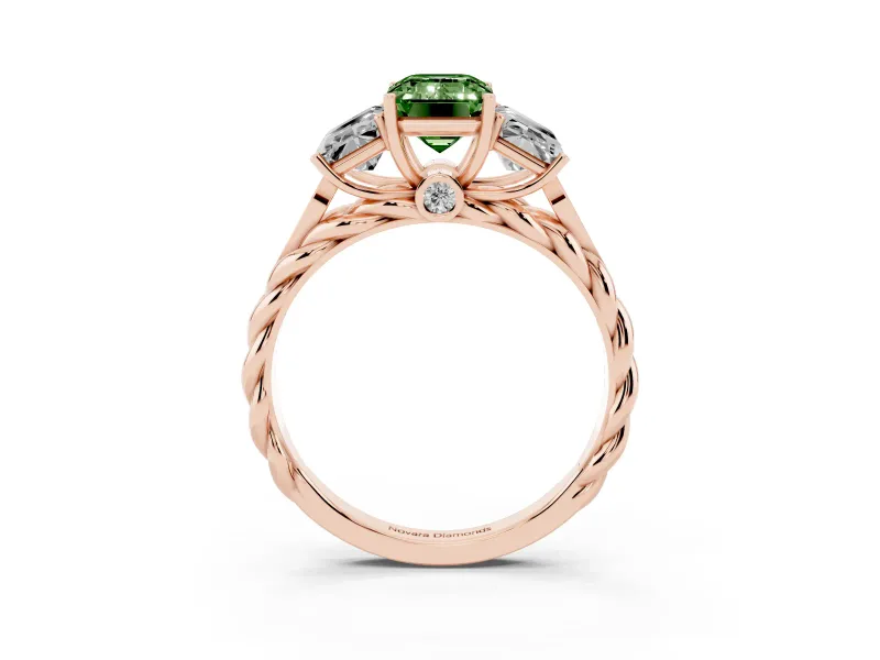 Fancy Green Emerald Cut Diamond Three-Stone Ring Set in Rose gold with Braided Band