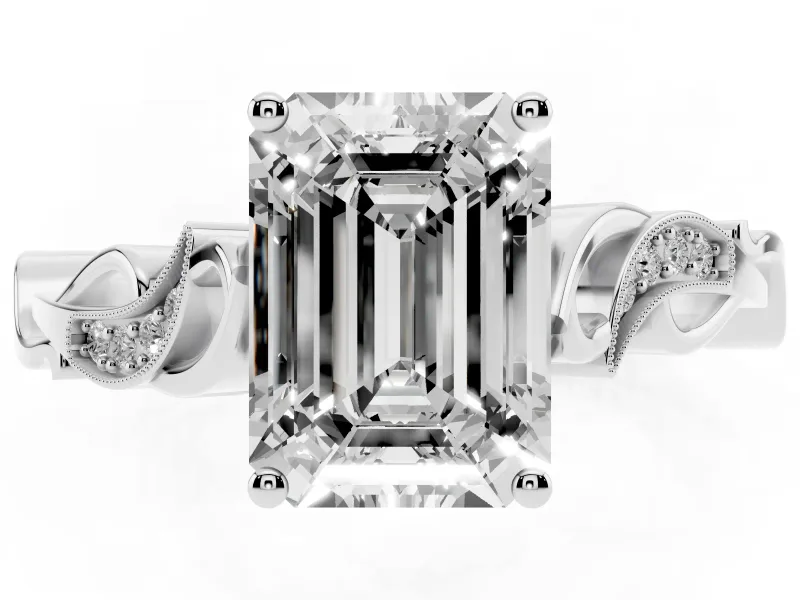 Emerald Cut Vintage Vine Solitaire Engagement Ring Setting | Milgrain Leaves | White Gold