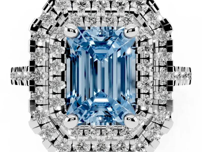 Fancy Blue Emerald Cut Diamond Double Halo Statement Ring Set in White gold with Pavé Band