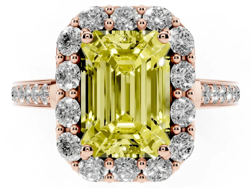 Fancy Yellow Emerald Cut Diamond Floral Halo Ring Set in Rose gold with Pavé Band and Prong Setting