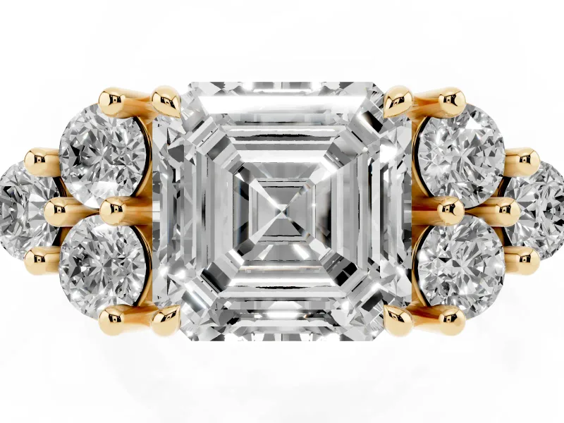 Asscher Cut Diamond Solitaire Ring Set in Yellow gold with Cluster Accents on Each Side