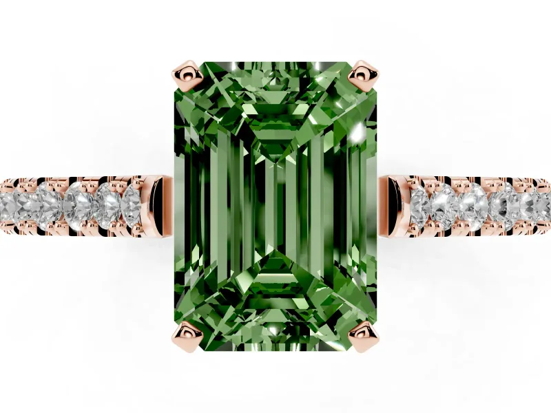 Fancy Green Emerald Cut Diamond Solitaire Engagement Ring Set in Rose gold with Delicate Pavé Band and Prong Setting