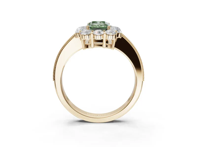Emerald Cut Vintage Halo Engagement Ring Setting for a Fancy Green Lab-Grown Diamond | Yellow Gold