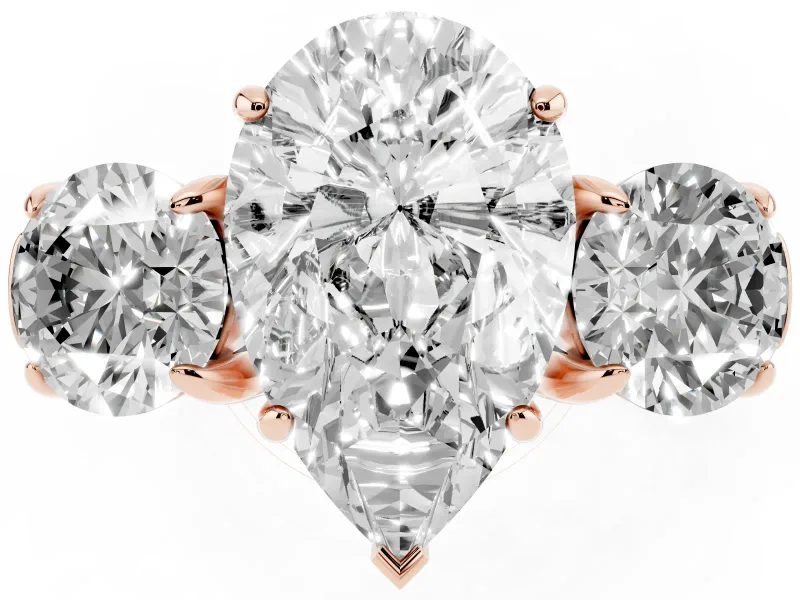 Pear-Shaped Three Stone Engagement Ring Setting | Round Side Stones and Open Baskets | Rose Gold