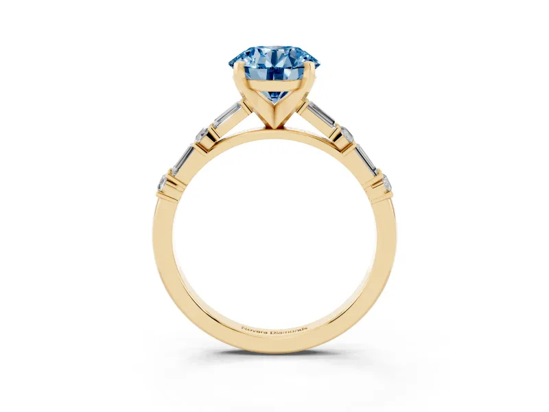 Round Baguette Side Stone Engagement Ring Setting for a Fancy Blue Lab-Grown Diamond | Yellow Gold