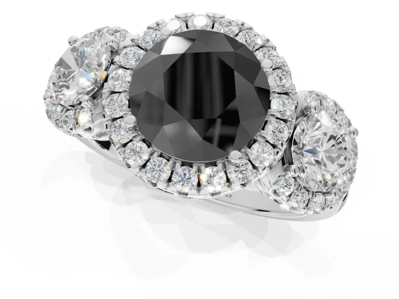 Round Three Stone Halo Engagement Ring Setting for a Black Center | Haloed Side Stones | White Gold