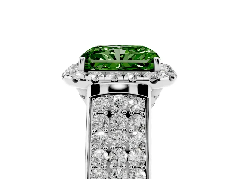 Radiant Cut Pavé Engagement Ring Setting for a Fancy Green Lab-Grown Diamond | Wide Three-Row Band | Platinum