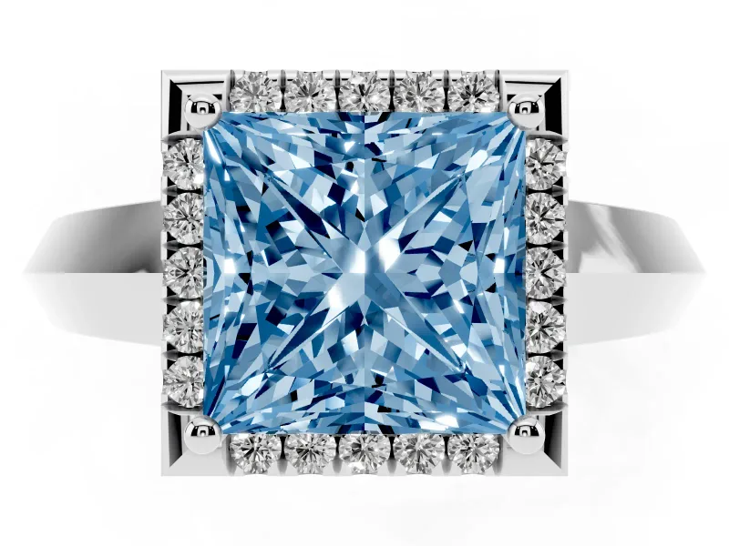 Fancy Blue Princess Cut Diamond Halo Ring Set in White gold with Cathedral Band and Prong Setting