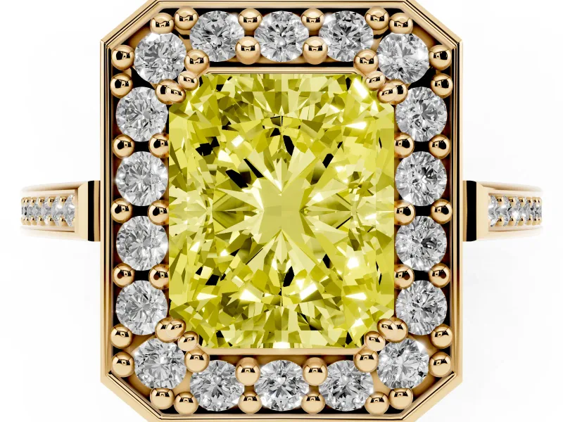 Radiant Cut Halo Engagement Ring Setting for a Fancy Yellow Lab-Grown Diamond | Polished Halo Rim | Yellow Gold