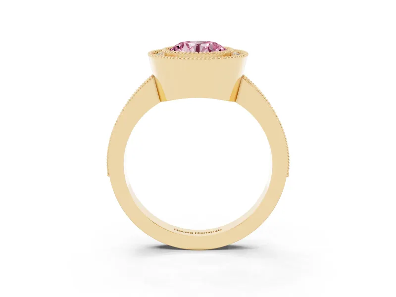 Round Milgrain Halo Engagement Ring Setting for a Fancy Pink Lab-Grown Diamond | Pave Band | Yellow Gold