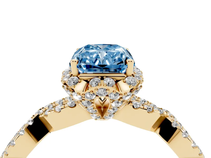 Radiant Cut Milgrain Halo Engagement Ring Setting for a Fancy Blue Lab-Grown Diamond | Graduated Shoulders | Yellow Gold