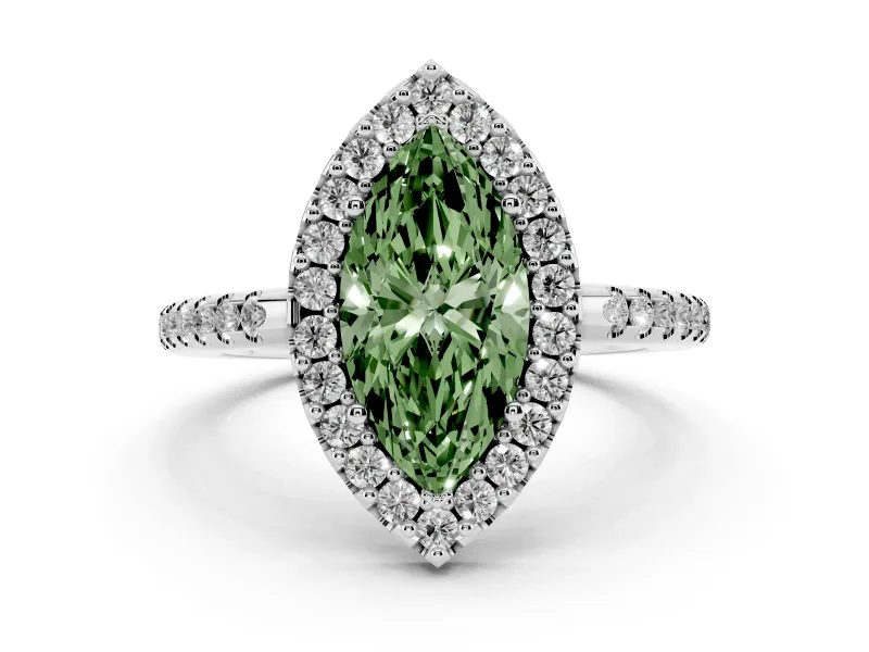 Fancy Green Marquise Cut Diamond Pavé Halo Ring Set in Platinum with Prong Setting
