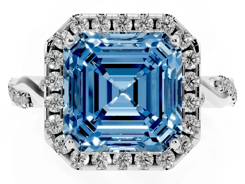 Asscher Cut Twist Halo Engagement Ring Setting for a Fancy Blue Lab-Grown Diamond | White Gold