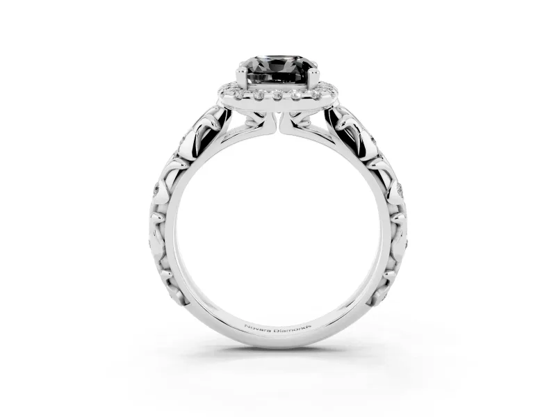 Cushion Cut Leaf Halo Engagement Ring Setting for a Black Center | Bezel Accents | White Gold