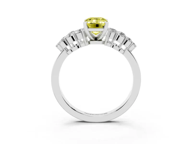 Fancy Yellow Emerald Cut Diamond Cluster Engagement Ring Set in Platinum with Pavé Band and Prong Setting