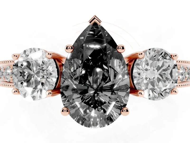 Pear-Shaped Three Stone Engagement Ring Setting for a Black Center | Graduated Pavé Band | Rose Gold