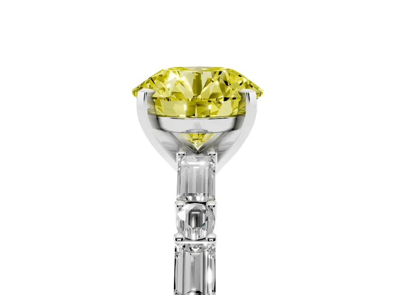Fancy Yellow Round Cut Diamond Solitaire Set in White gold with Side Baguettes and Channel Set Band