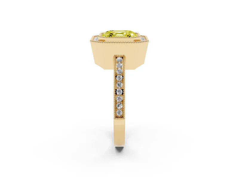 Fancy Yellow Asscher Cut Diamond Halo Ring Set in Yellow gold with Pavé Band and Milgrain-Edged Prongs