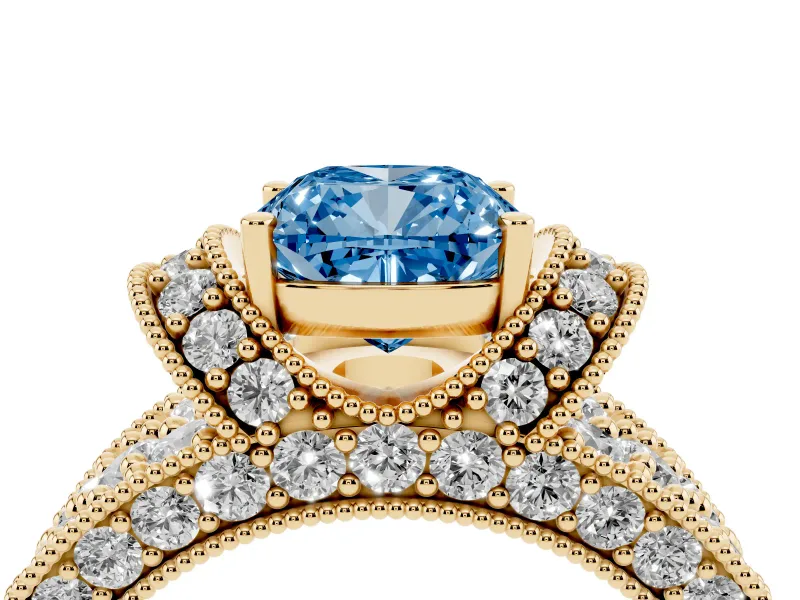 Cushion Cut Vintage Pave Engagement Ring Setting for a Fancy Blue Lab-Grown Diamond | Milgrain Edges | Yellow Gold