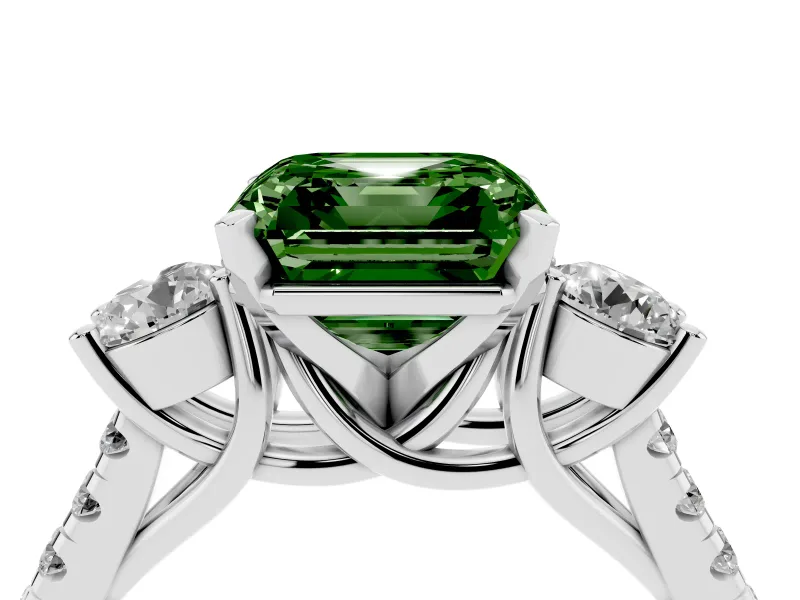 Fancy Green Three-Stone Asscher Cut Diamond Pavé Band Ring Set in White gold with Prong-Set Trio