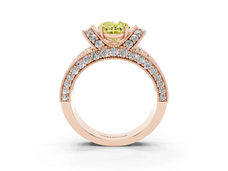 Oval Vintage Milgrain Pave Engagement Ring Setting for a Fancy Yellow Lab-Grown Diamond | Crescent Side Rows | Rose Gold