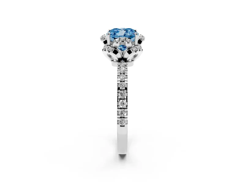 Fancy Blue Cushion Cut Diamond Halo Pavé Band Ring Set in Silver with Prong-Held Center