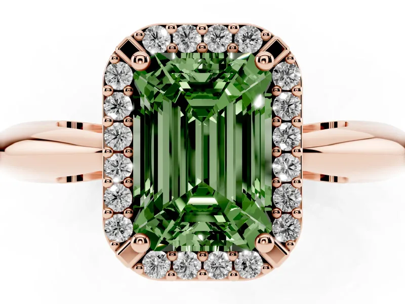 Fancy Green Emerald Cut Diamond Halo Engagement Ring Set in Rose gold with Plain Split Shank and Prong Setting