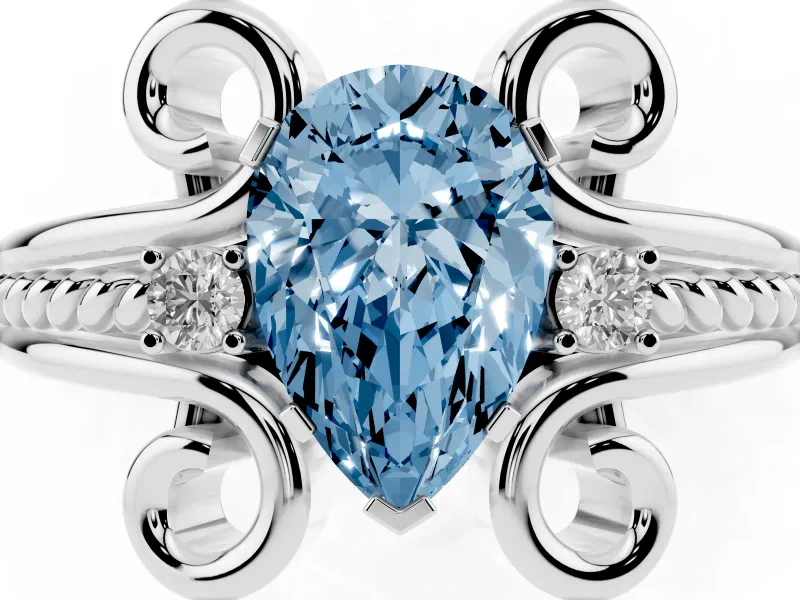Fancy Blue Pear Cut Diamond Twisted Band Solitaire Ring Set in Platinum with Scroll Prongs