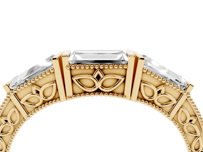 Baguette Diamond Milgrain Band Set in Yellow gold with Channel V-Prong Setting