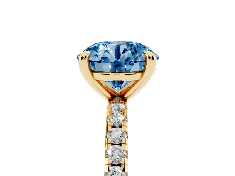 Round Petite Pavé Solitaire Engagement Ring Setting for a Fancy Blue Lab-Grown Diamond | Slim Band | Yellow Gold
