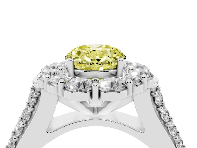 Fancy Yellow Oval Cut Diamond Halo Engagement Ring Set in White gold with Split Shank and Prong Setting