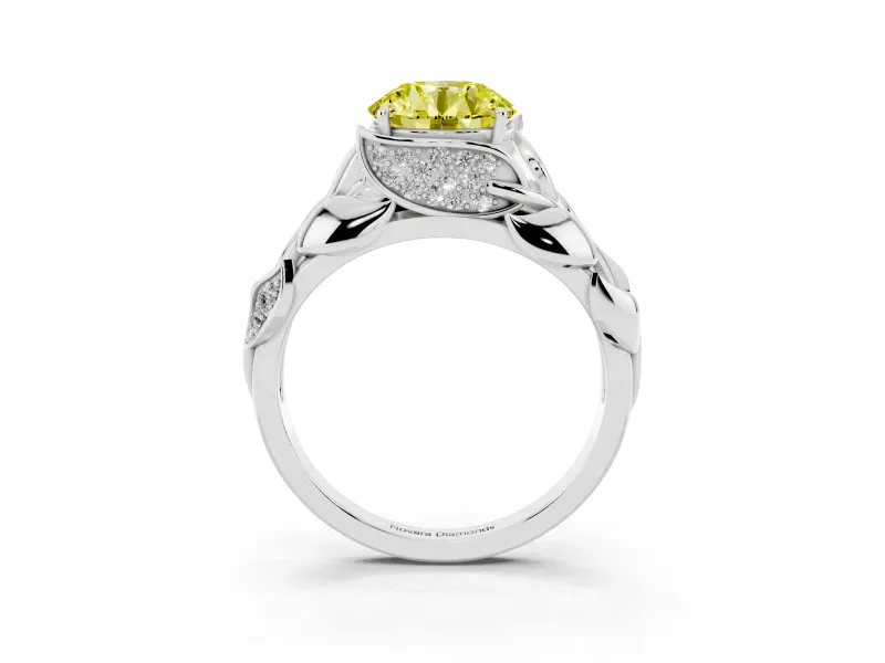 Fancy Yellow Round Cut Diamond Leaf-Inspired Engagement Ring Set in Silver with Round Accents
