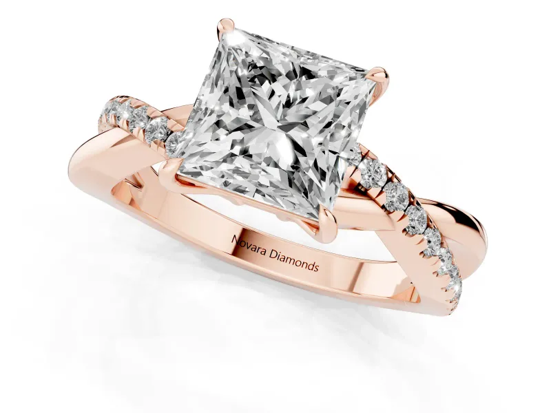 Princess Cut Crossover Pave Solitaire Engagement Ring Setting | Twisted Shoulders | Rose Gold