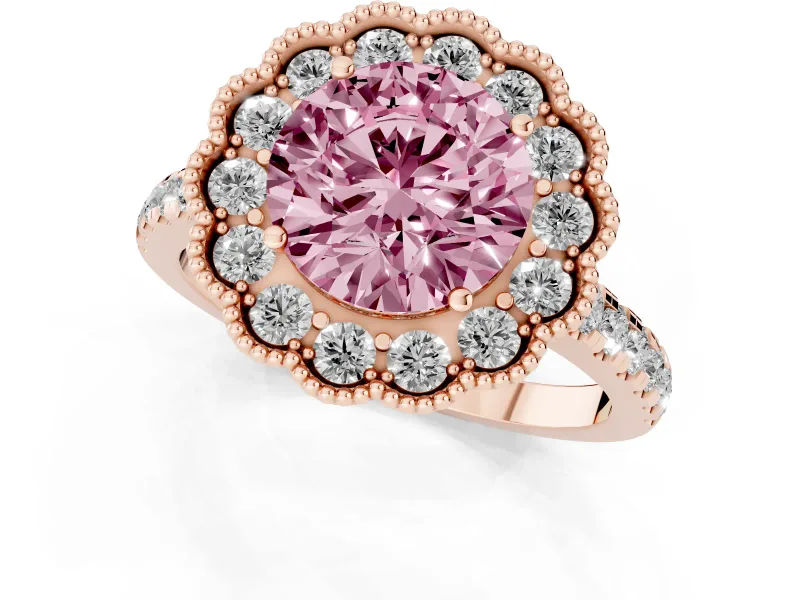 Fancy Pink Round Cut Diamond Milgrain Floral Halo Engagement Ring Set in Rose gold with Pavé Band