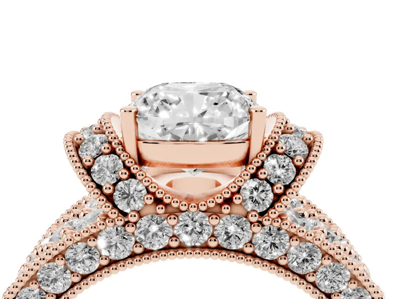 Cushion Cut Vintage Milgrain Pave Engagement Ring Setting | Crescent Side Rows | Rose Gold