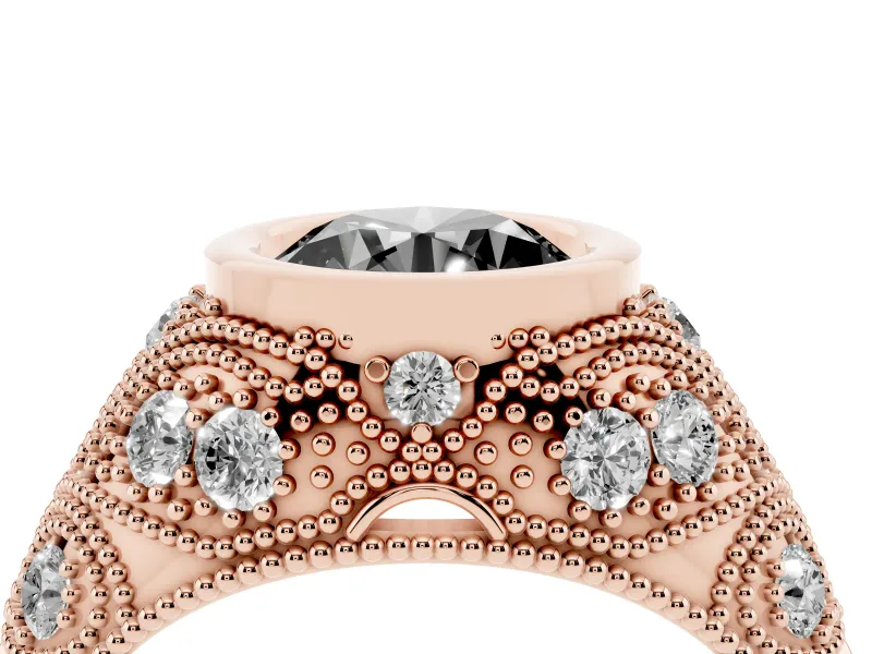 Round Vintage Bezel Engagement Ring Setting for a Black Center | Milgrain Band | Rose Gold