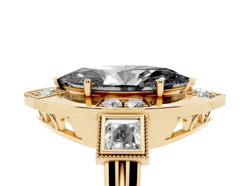 Marquise Milgrain Sectioned Halo Engagement Ring Setting for a Black Center | Yellow Gold