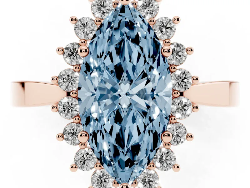 Fancy Blue Marquise Cut Diamond Halo Ring Set in Rose gold with Round Halo and Smooth Solitaire Band