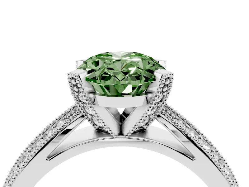 Fancy Green Oval Cut Diamond Solitaire Ring Set in White gold with Milgrain Double Row Round Pavé Band
